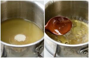 two photo collage of making simple syrup