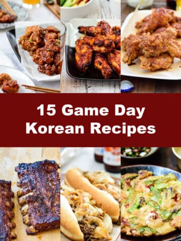 6-photo collage with a banner of 15 game day Korean recipes