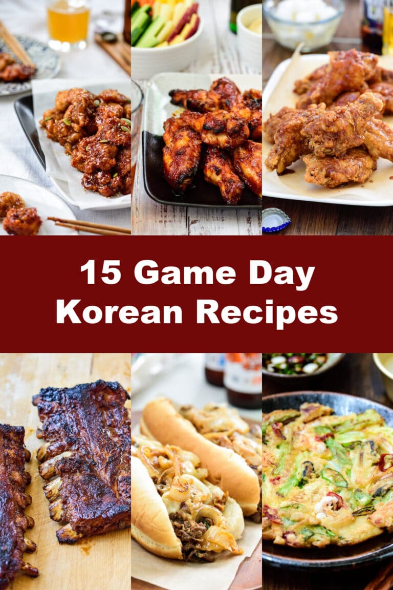 6-photo collage with a banner of 15 game day Korean recipes
