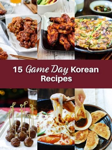 6-photo collage of 15 game day Korean recipes