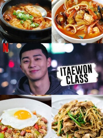 a collage of 5 photos of Korean drama poster and 4 dishes appeared in the drama