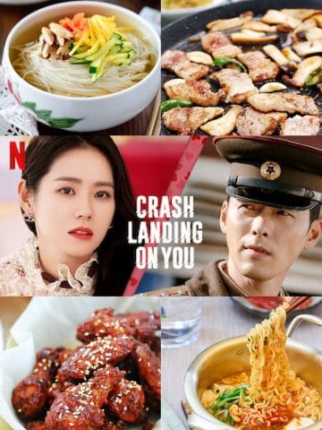 a 5-photo collage of food with Korean drama banner Crash Landing on You