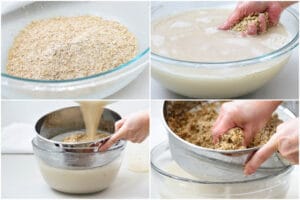 4-photo collage of making barley malt water using a strainer