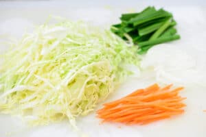 thinly sliced cabbage, carrot, onion, and garlic chives