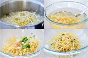 4-photo collage of making soybean sprouts