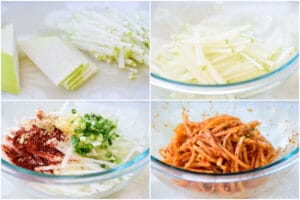 4-photo collage of making spicy Korean radish salad