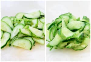 2-photo collage of slicing a cucumber and salting