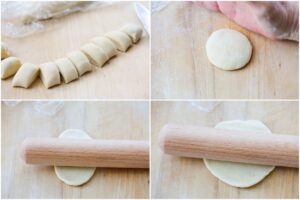 a 4-photo collage of rolling out a dumpling wrapper