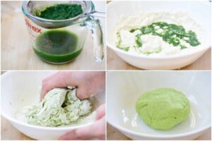 a 4-photo collage of making green dumpling dough with spinach