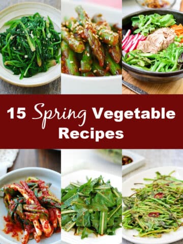 a 6-photo collage with a banner saying 15 spring vegetable side dishes