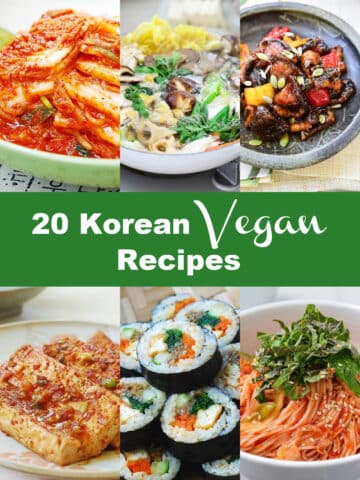 6 photo collage with text "20 Korean Vegan Recipes"