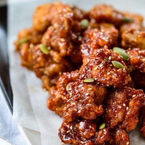 Korean fried chicken nuggets in a sweet and savory sauce