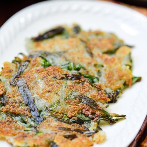 Korean potato pancakes with garlic chives